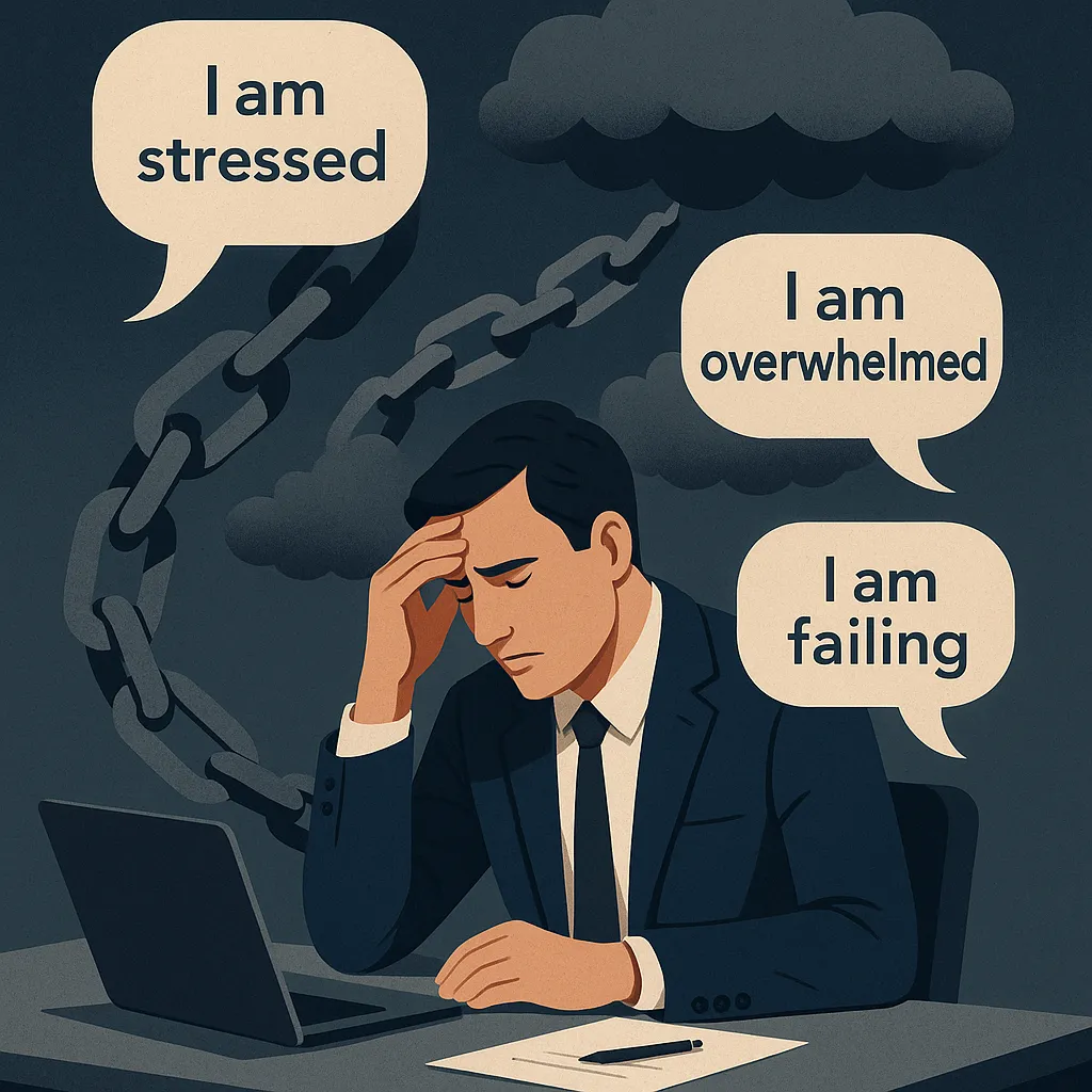 Illustration showing how negative self-talk and language patterns create stress and overwhelm