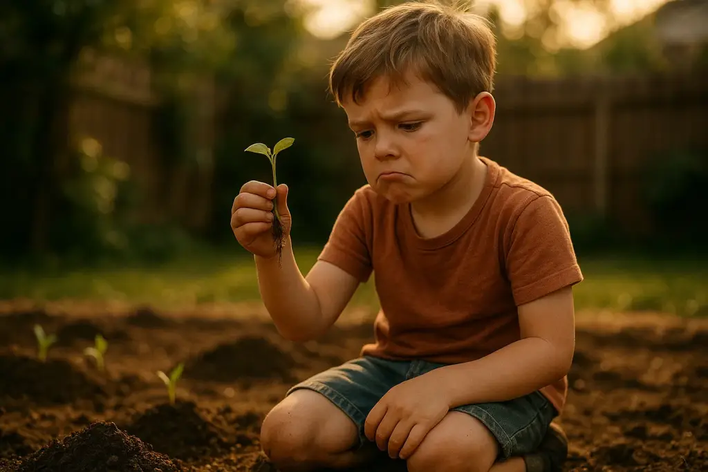 Young boy learning patience while holding plant sprout in garden

