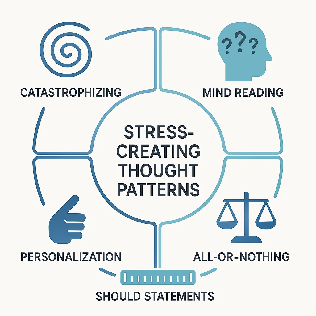 Five stress-creating thought patterns infographic diagram