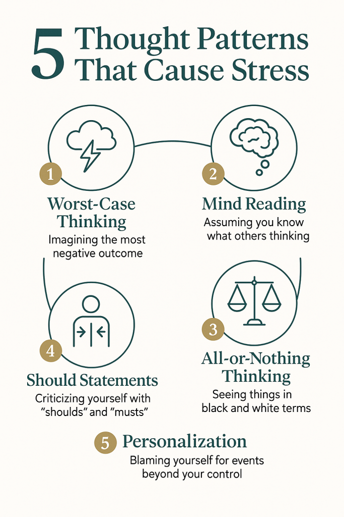 5 thought patterns that cause stress: worst-case thinking, mind reading, all-or-nothing thinking, should statements, and personalization
