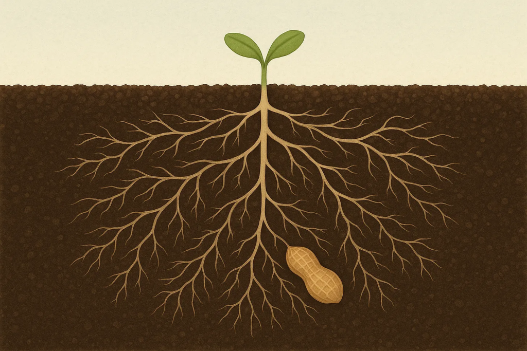 Peanut plant with roots showing hidden growth beneath surface
