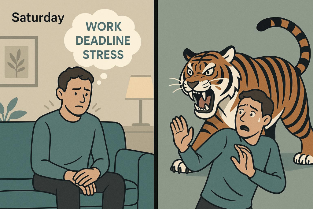 Thought about work (left) vs. Real threat/tiger- taking over your weekends