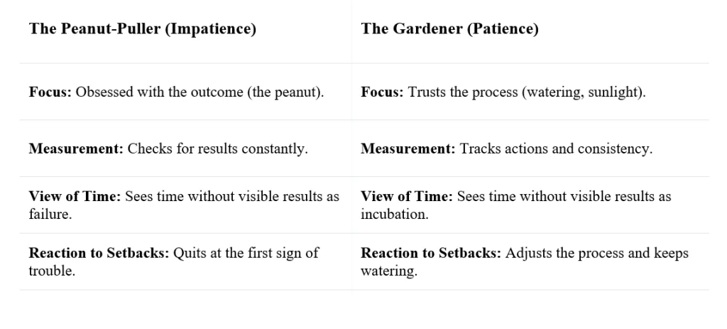 Comparison table showing peanut-puller impatience mindset versus gardener patience mindset
