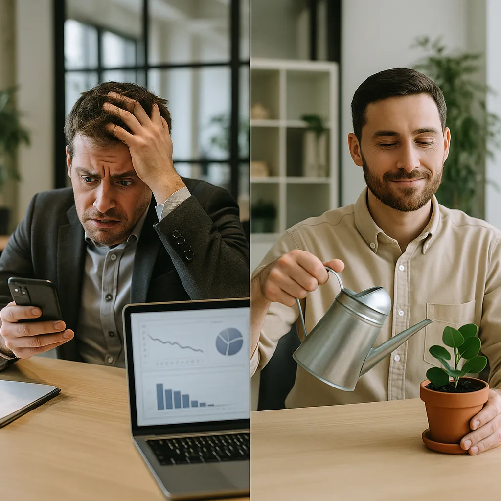 Split image comparing stressed executive checking results versus calm professional patiently watering plant
