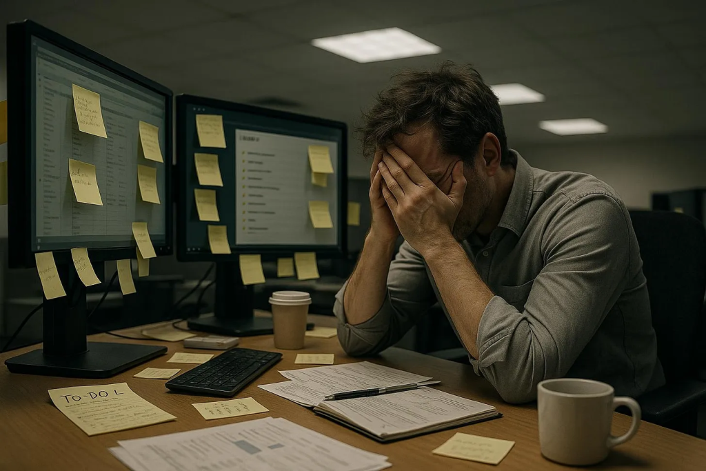 executive experiencing workplace creative burn out stress at desk with overwhelming tasks
