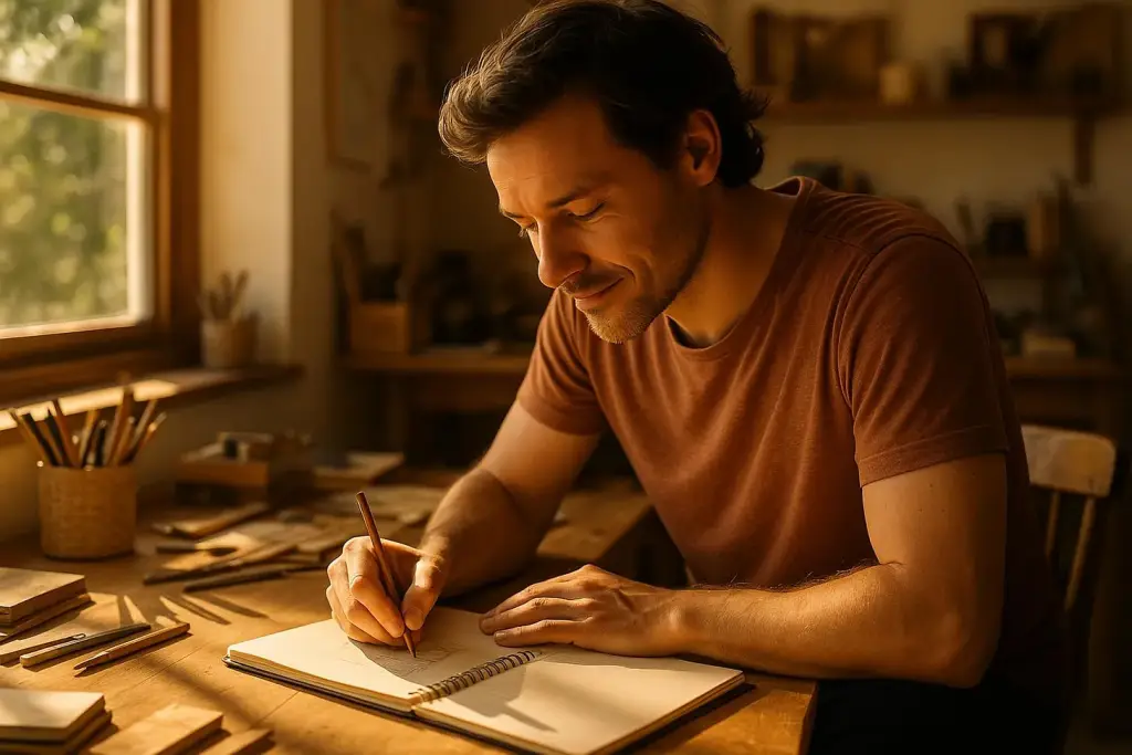 Person experiencing creative flow state while writing in journal with warm natural sunlight