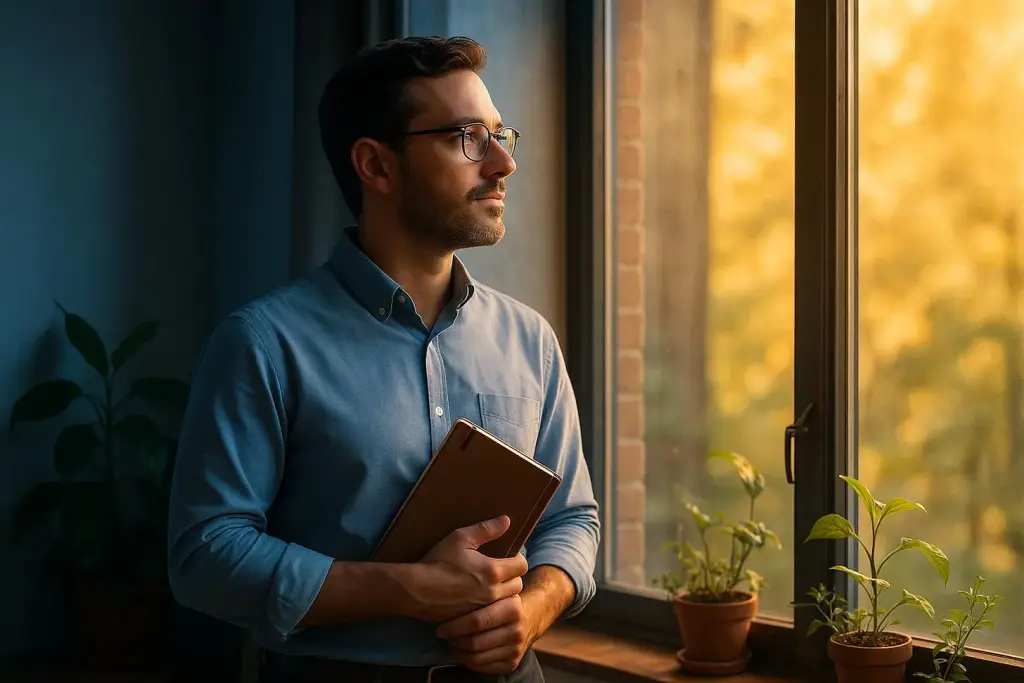 Professional experiencing transformation and renewed clarity while holding journal by window with plants