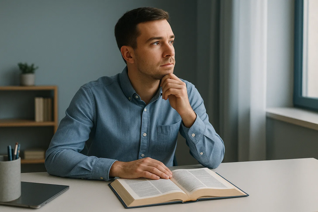 Professional reflecting on stress management with dictionary, representing breakthrough coaching moment